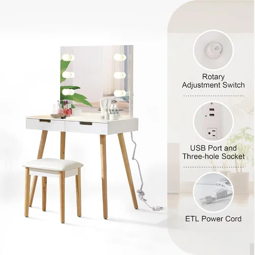 Vista 2 de Escritorio de espejo de maquillaje de madera maciza+MDF mesa de tocador de maquillaje con luz LED y puerto USB tocador con 2 cajones