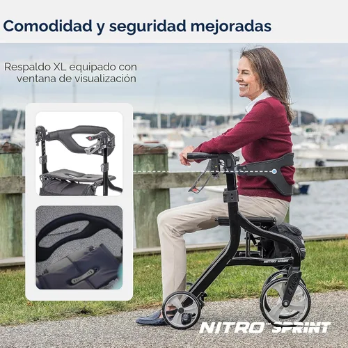 Vista 6 de Drive Medical Nitro Sprint - Andador plegable con asiento, ligero, para estatura estándar, con ruedas grandes, plegable, color negro