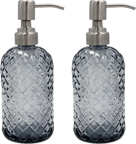 Vista 11 de Dispensador de jabón de vidrio con patrón de diamante de 16 onzas, dispensador de jabón recargable para cocina y baño, con bomba de acero inoxidable