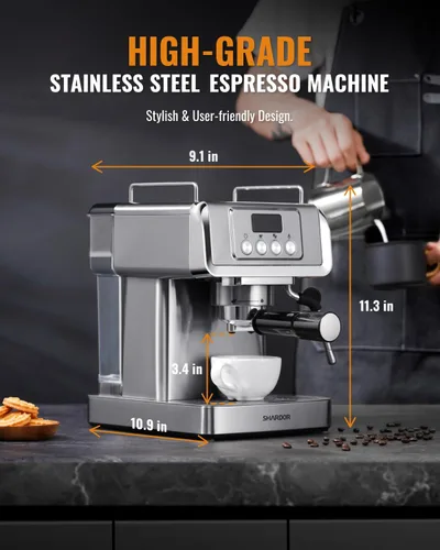 Vista 6 de SHARDOR - Máquina de café expreso de 20 barras para el hogar con pantalla LCD y varita de vapor