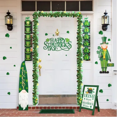 Vista 2 de Guirnalda de oropel del día de San Patricio de 40 pies, guirnalda de oropel metálica con purpurina de trébol verde dorado y verde decoración