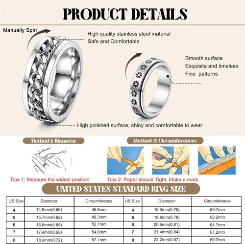Vista 2 de FASACCO 12 piezas de anillos de ansiedad para hombres y mujeres - Anillos giratorios para aliviar la ansiedad y el estrés, con flores, luna