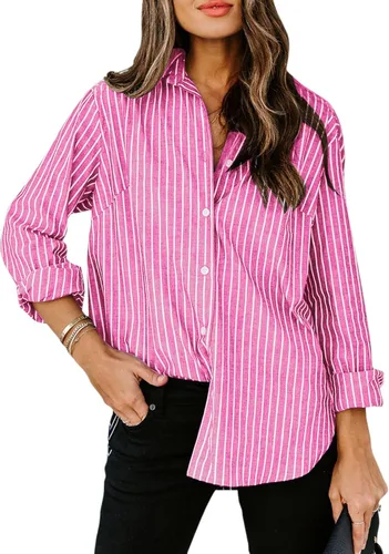 Vista 5 de Siliteelon - Camisas de botones para mujer, camisa de vestir a rayas de algodón, de manga larga, cuello con solapa, para oficina y trabajo