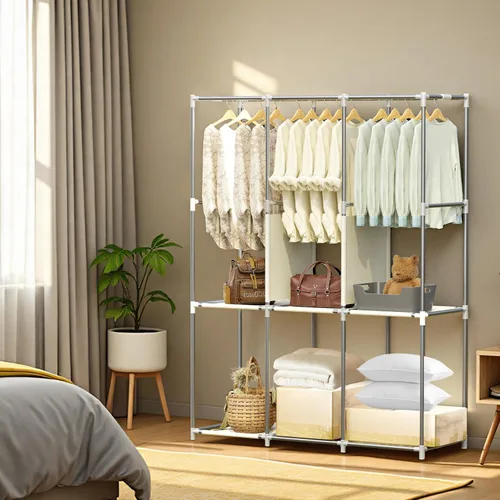 Vista 9 de BAOKALER Armario portátil, armarios portátiles para colgar ropa con 3 varillas para colgar y 6 estantes de almacenamiento, cubierta de tela