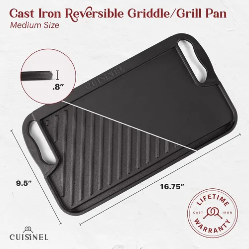 Vista 2 de Cuisinel Parrilla de hierro fundido + rascador/limpiador, reversible, pre-sazonado, de 16.75 x 9.5 pulgadas, sartén plana de doble mango y sartén