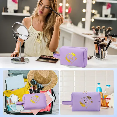 Vista 6 de Bolsa de cosméticos de viaje, bolsa de maquillaje – Bolsa de maquillaje personalizada con inicial, impermeable, bolsa grande de maquillaje, regalos