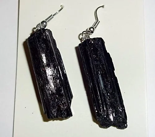 Vista 2 de 1 par de pendientes de piedras preciosas curativas de cristal natural de turmalina negra cruda, Metal