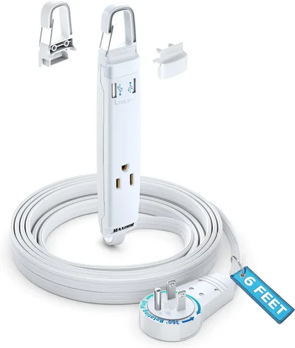 Vista 14 de Maximm Cable de extensión de 1 pie con puertos USB, enchufe plano giratorio 360, 3 salidas (2 puertos USB), conectado a tierra (negro)