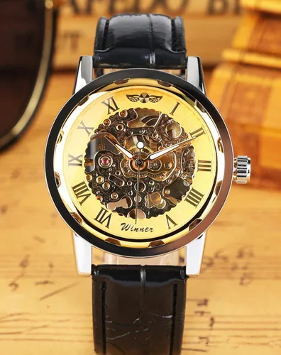 Vista 2 de Vavna Clásico de los hombres de cuero Esqueleto mecánico deporte ejército reloj, Oro, Mecánico
