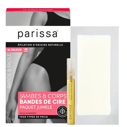 Vista 2 de Parissa Tiras de cera para cuerpo y piernas, 48 tiras grandes de depilación listas para usar, sin cera térmica para piernas, brazos, axilas