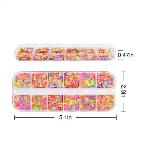 Vista 6 de Juego de 12 cuadrículas coloridas con diseño de corazón para uñas, lentejuelas con purpurina 3D, holográfico, paquete mixto, diseños de letras