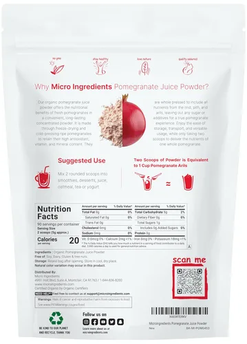Vista 2 de Jugo de granadas orgánicas en polvo, 1 libra (91 porciones), liofilizado y prensado en frío, vitamina C natural, refuerza el sistema inmunitario