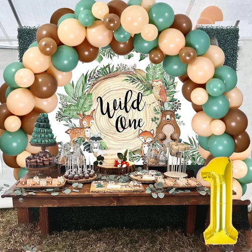 Vista 3 de Woodland - Kit de arco de guirnalda de globos con telón de fondo para animales del bosque, criaturas del bosque, suministros de primera fiesta
