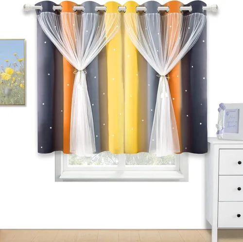 Vista 18 de Cortinas Opacas con Corte de Estrella Arcoíris para Dormitorio de Niñas - Doble Capa con Ojales Superiores para Sala de Estar, 2 Paneles