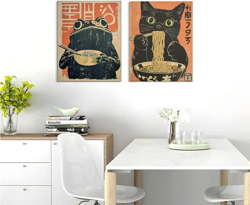 Vista 5 de Lienzo de pared de gato japonés vintage, arte de pared, diseño de gato negro peculiar que come ramen, póster retro divertido de rana comiendo