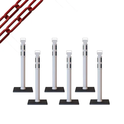 Vista 26 de CCW 6-Pack 45" Delineador Post Kit Kit de 3.0 in collares reflectantes, base de goma de 10 lb (6 postes blancos con cadena negra de 50 pies)