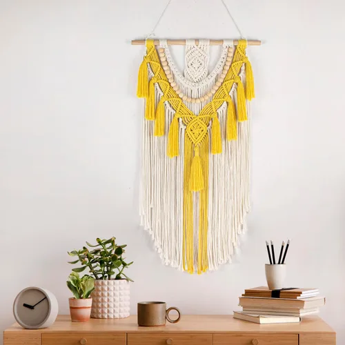 Vista 21 de LB Colgante de pared de macramé rosa, decoración de pared de macramé bohemio, borla rosa y beige, bohemio, tejido a mano, macramé, decoración