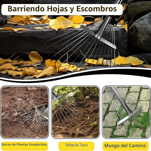 Vista 7 de Rastrillo de jardín para hojas, rastrillo de hojas ajustable de metal resistente para césped, mango largo de 33 a 69 pulgadas con cabeza expandible