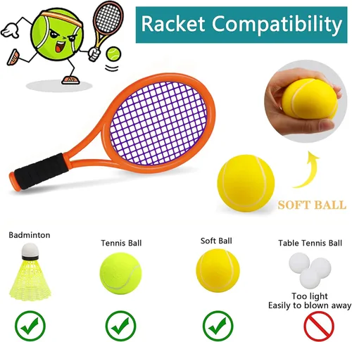 Vista 5 de Raqueta de tenis para niños con bolsa, raqueta de plástico incluye 2 bolas de espuma, 2 pelotas de tenis, 4 bádminton para niños, juegos deportivos