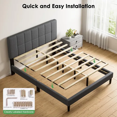 Vista 5 de Marsail Base de cama tamaño twin con cabecero, resistente y duradero con 12 patas de soporte, capacidad de 1300 libras, cabecero tapizado de madera