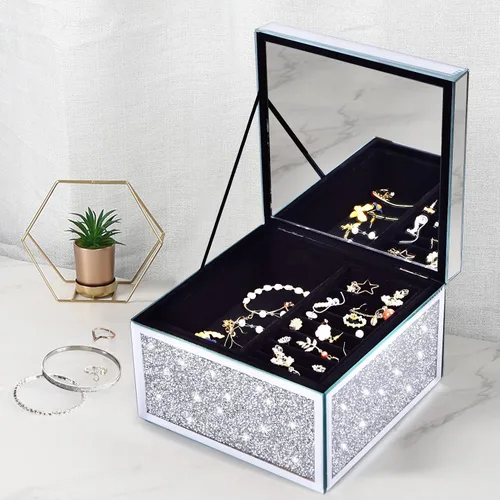 Vista 4 de MOMNGNE Joyero de cristal triturado de plata con diamantes de imitación de cristal, organizador de almacenamiento para anillos, aretes, collares