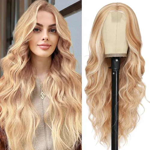 Vista 45 de NAYOO Peluca larga ondulada rubia ombré para mujer, de 26 pulgadas, parte media, rizada, ondulada, de aspecto natural, fibra sintética resistente al