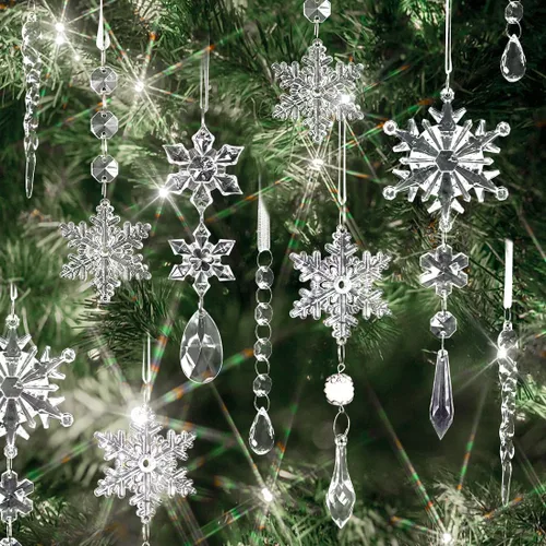 Vista 6 de 18 piezas de adornos de copo de nieve de cristal y carámbano para árbol de Navidad, adornos acrílicos colgantes de copo de nieve y carámbano