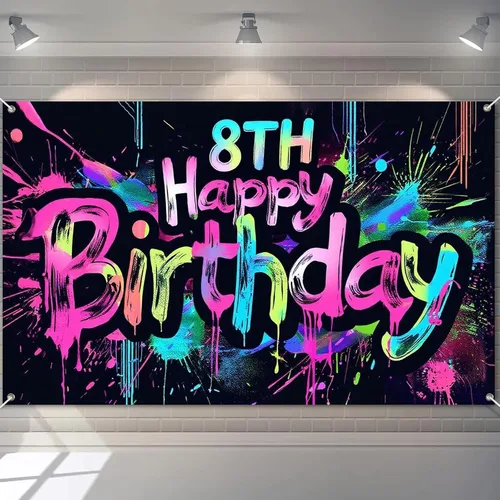 Vista 17 de HOMETITUTE Pancarta de Neón de Feliz 10mo Cumpleaños 71 x 43 pulgadas, Salpicadura de Pintura que Brilla en la Oscuridad, Telón de Fondo