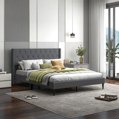 Vista 11 de Giantex Base de cama de plataforma de tamaño individual con respaldo de alas, base de cama tapizada de tela con cabecera capitonada con botones
