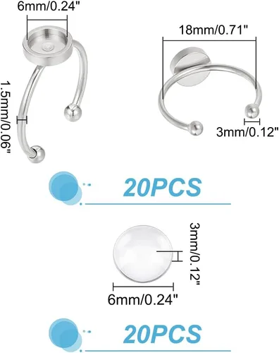 Vista 3 de UNICRAFTALE Juego de 20 anillos de dedo de cúpula en blanco semicircular – acero inoxidable, diseño simple y único con cabujones de vidrio