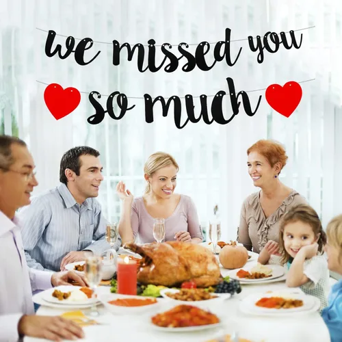 Vista 4 de Cartel de bienvenida para el hogar con texto en inglés "We Missed You So Much", con purpurina negra con texto en inglés "Happy Friendsgiving