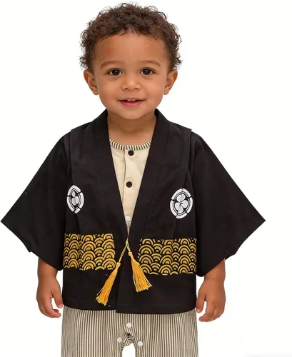 Vista 3 de Traje de kimono para bebé, traje japonés, trajes de algodón samurái para bebés Beige