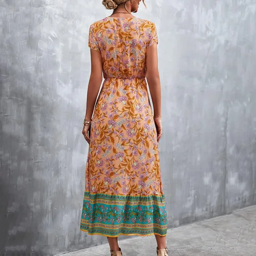 Vista 7 de Vestido largo casual de playa para mujer con cuello en V manga corta estilo floral