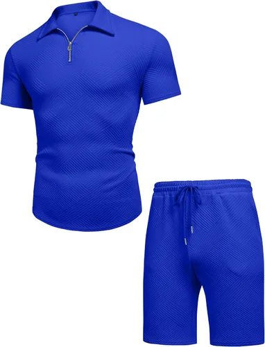 Vista 4 de URRU Conjunto de camisa polo y pantalones cortos para hombre trajes de verano a la moda casual manga corta traje polo para hombre 2 piezas