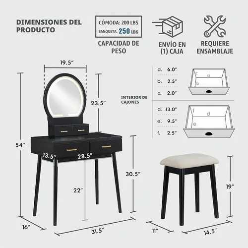 Vista 3 de Lexicon Tocador moderno con espejo, luces LED, 3 modos de iluminación, pequeño juego de tocador de maquillaje con 4 cajones y taburete acolchado