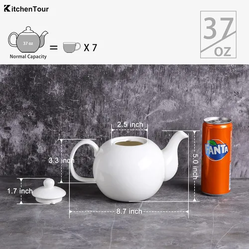 Vista 2 de KitchenTour - Ollas de té de porcelana inglesa -37 onzas para hojas sueltas y florecientes, olla de cerámica de porción fina con agujeros de colador