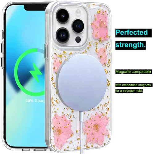 Vista 3 de Abbery Funda magnética para iPhone 14 Pro Max de 6.7 pulgadas, compatible con MagSafe Cute Clear with Design Glitter Sparkle Real Dry Pressed Flower