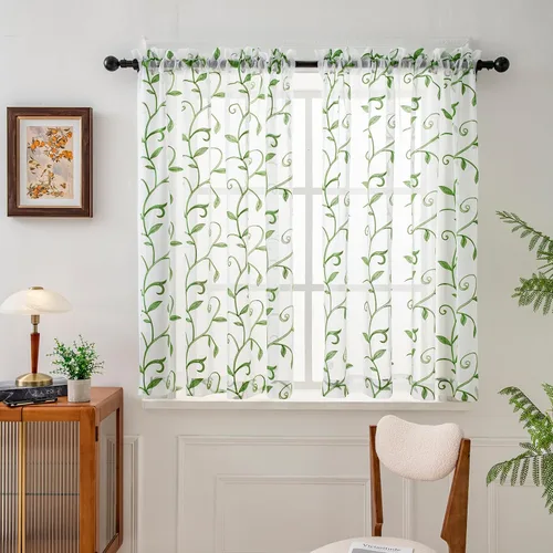 Vista 26 de VISIONTEX 2 paneles de cortinas traslúcidas de 63 in de largo, cortinas de gasa semitransparentes bordadas con hojas florales beige, bolsillo
