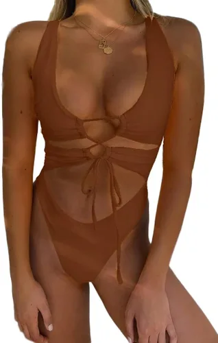Vista 28 de Traje de baño sexy de una pieza con recortes, encaje, espalda descubierta y corte alto monokini para mujer Azul bebé