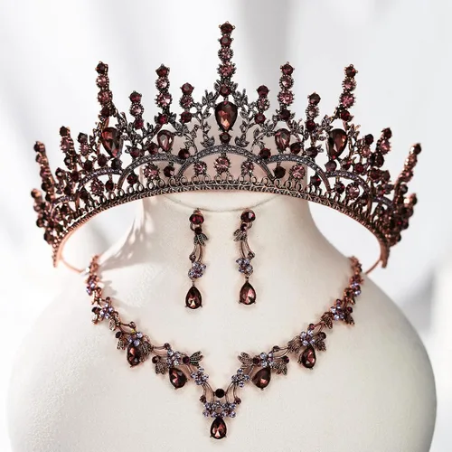 Vista 6 de SWEETV Corona de boda barroca para novia, paquete de 3 aretes de tiara, juego de joyería de novia, fiesta de disfraces de cristal, joyería