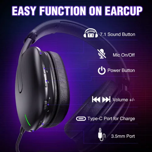 Vista 6 de WolfLawS TA82 Auriculares inalámbricos para juegos con micrófono desmontable con cancelación de ruido para PS5 PS4 PC, auriculares USB de 2.4 GHz