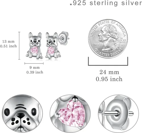 Vista 4 de Aretes de perro para mujer, plata de ley 925, diseño de bulldog francés, joyería de perro de animales, regalos para hija, nieta, niñas y mujeres