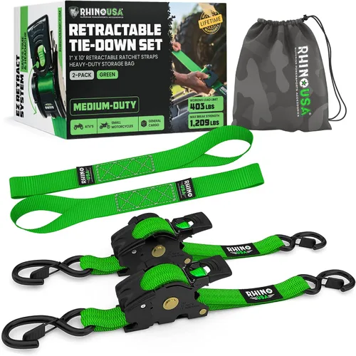 Vista 10 de Rhino USA Correas de trinquete retráctiles (paquete de 2) – 1 pulgada x 10 pies (1,209 libras de resistencia a la rotura) – Correas de amarre auto