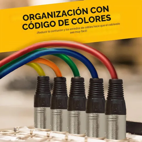 Vista 2 de cables de audio de 25' para micrófonos. Cables con colores con entradas XLR macho a XLR hembra, paquete de 6 unidades Conector de 3 pines, señal