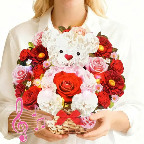 Vista 9 de MZD8391 Tarjetas de cumpleaños con música y luces, tarjeta de feliz cumpleaños, oso y margarita, ramo de flores de tamaño natural de 10 pulgadas