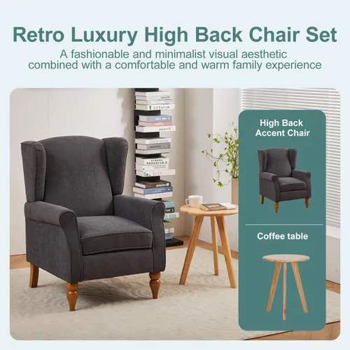 Vista 4 de Mid-Century - Silla de ala alta, moderna silla decorativa de tela con mesa auxiliar de madera maciza, sofá individual de ocio para sala de estar