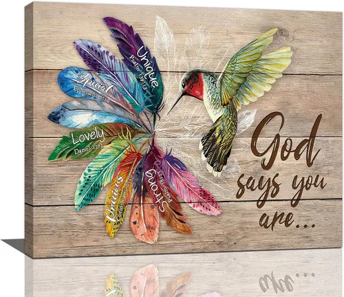 Vista 49 de Arte de pared de colibrí cristiano con texto en inglés "God says you ers", impresiones en lienzo, pintura rústica de pájaros de campo, obras de arte