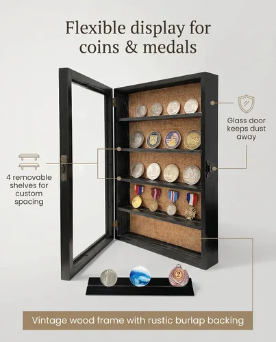 Vista 6 de Marco de caja de sombra de 14 x 17 pulgadas con 4 estantes, vitrina de memoria profunda con estantes móviles, se utiliza para recoger medallas