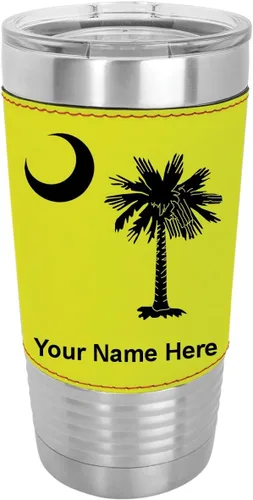 Vista 10 de LaserGram 20oz Vacuum Insulated Tumbler Mug, Flag of South Carolina, Personalized Engraving Included (Faux Leather, Baseball Style)