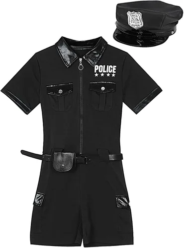 Vista 5 de Disfraz de oficial de policía para mujer, uniformes de policía para Halloween, juego de roles Negro